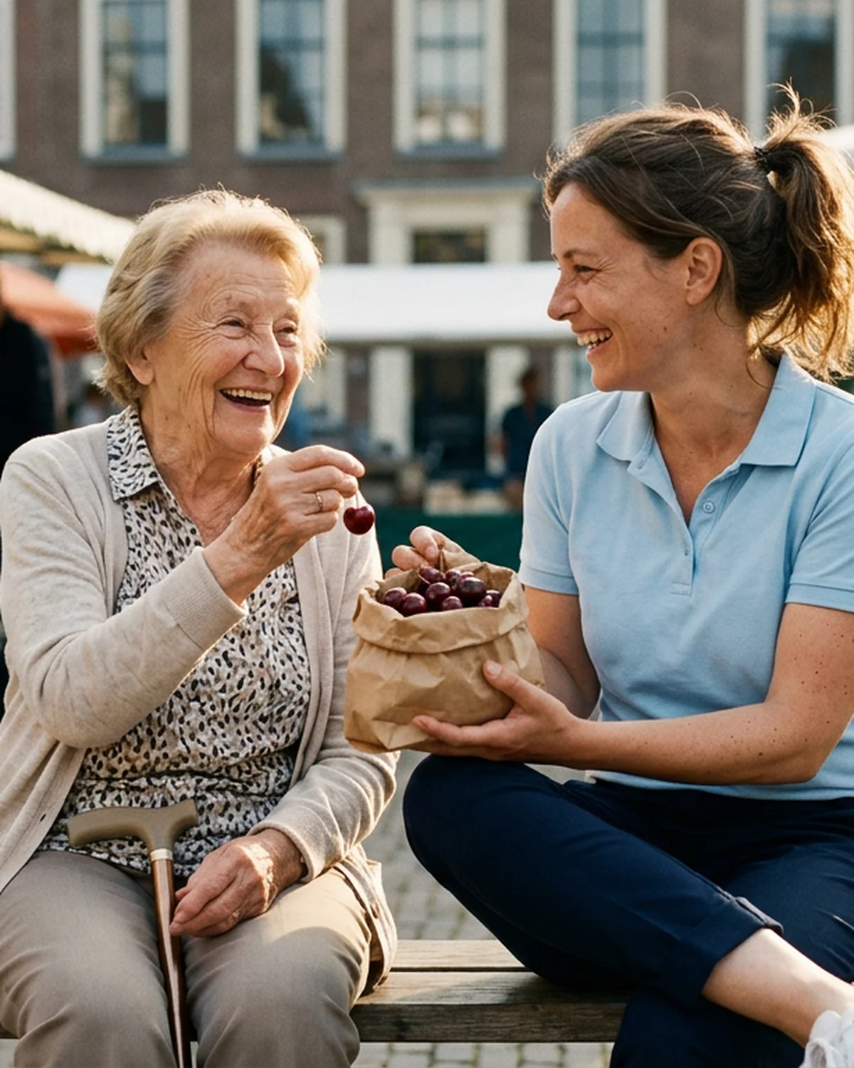 Eine ältere Frau und ihre Betreuungskraft sitzen lachend auf einer Bank am Wochenmarkt und teilen sich eine Tüte Kirschen