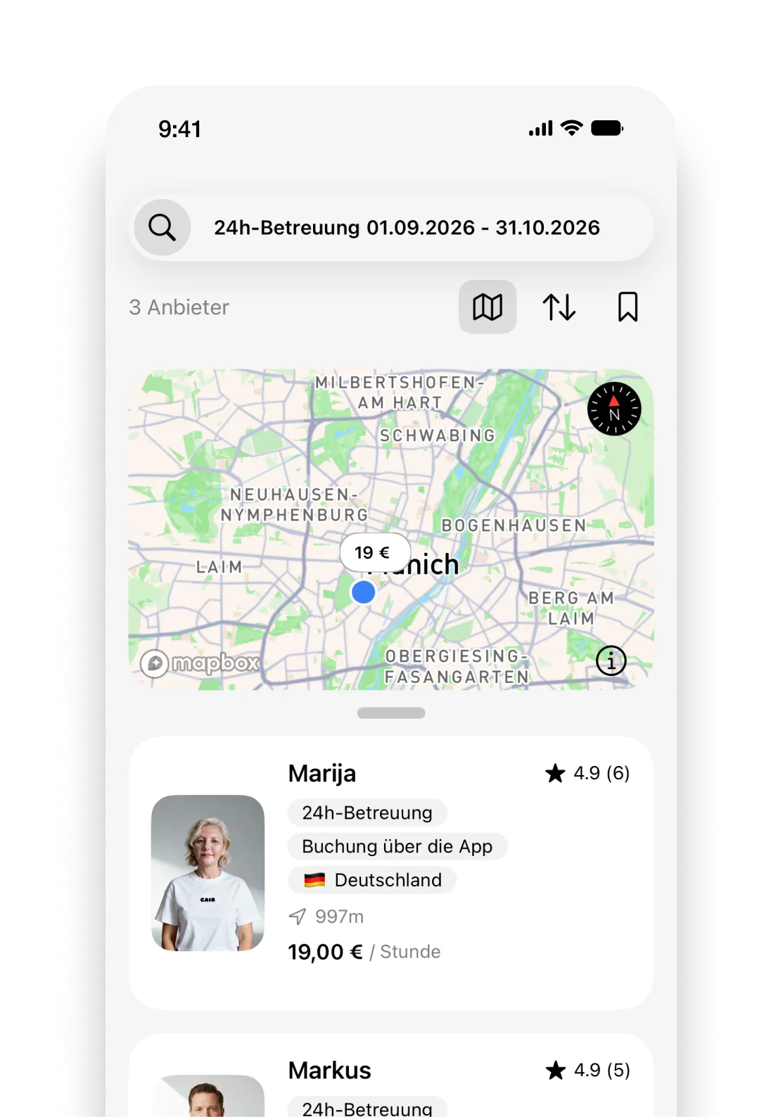Suche nach Betreuungskräften in der CAIR App